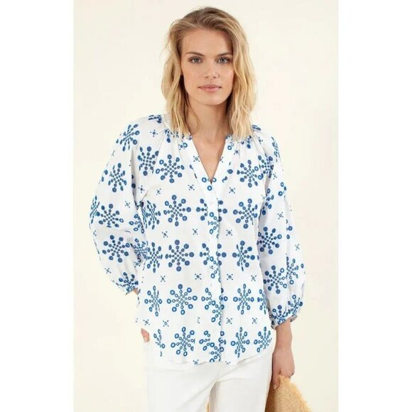 Hale Bob Blue & White Maevy Eyelete Button downs Top  Blouse Women's Blouse Size - Picture 1 of 8